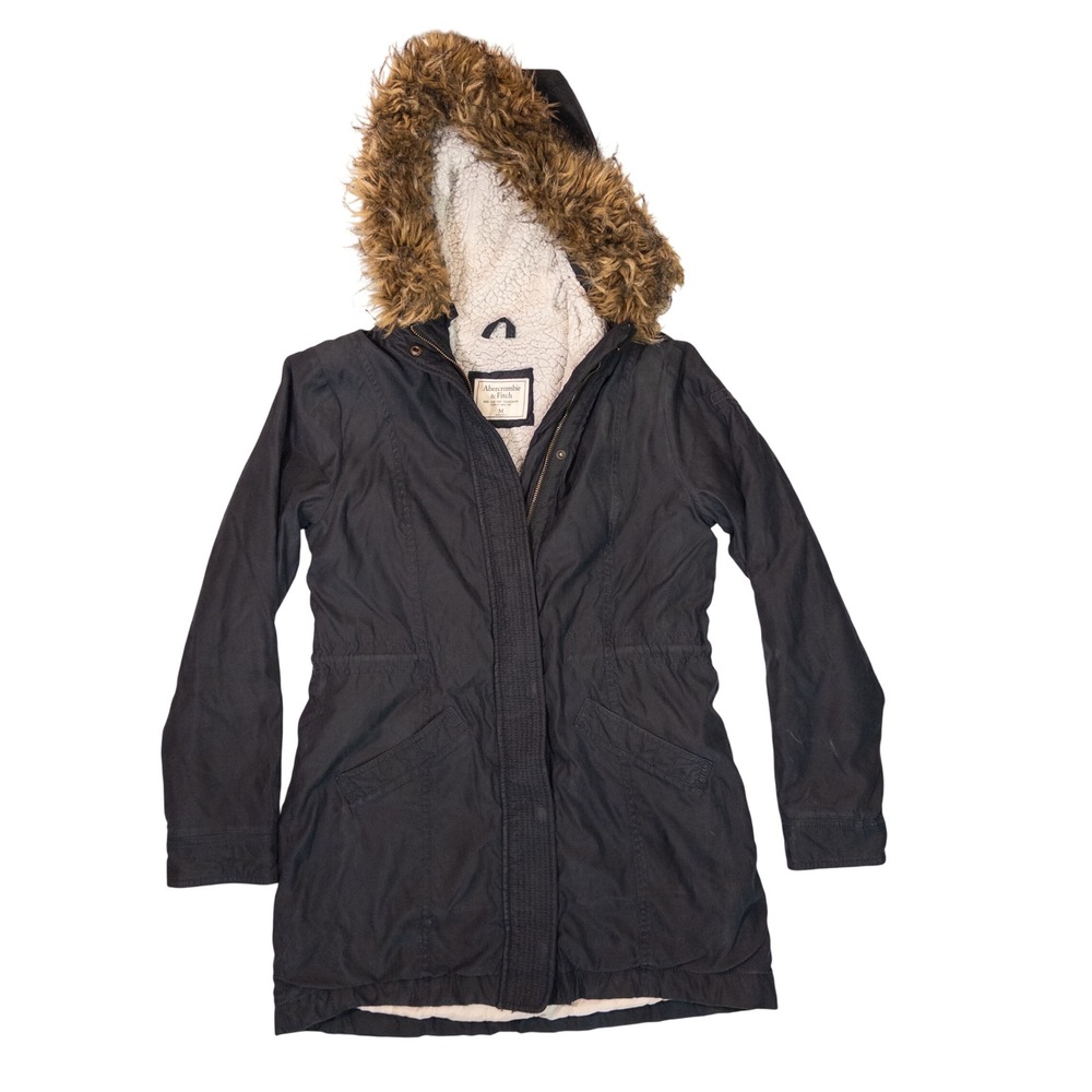 Y2K Abercrombie & Fitch Parka Jacket Women M Black Sherpa Faux Fur Hood